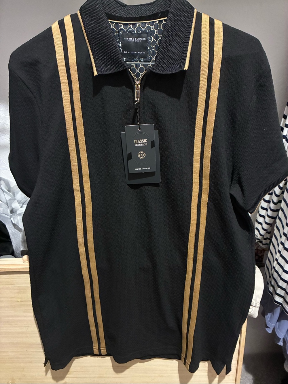Denim & Flower Ricky Singh Men’s Black Gold Zip Polo Shirt Size M NWT